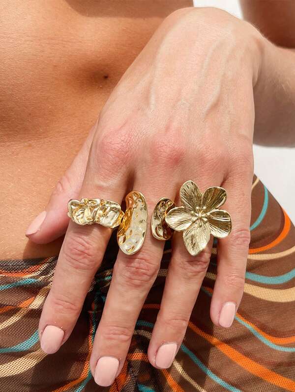 3pcs Fashionable Minimalist Floral & Geometric Rings, Suitable For Party, Gathering, Daily Wear, Golden Jewelry