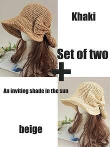 1pc Versatile Foldable Straw Hat, Women Summer Outdoor Sun Protection Hat, Korean Style Vacation Beach Hat, Fashionable - Khaki - View 14
