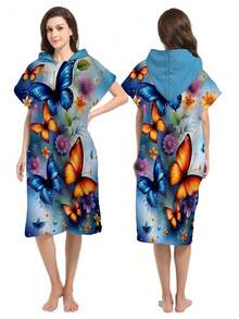 1pc Butterfly & Floral Pattern Hooded Cloak Robe, Lightweight Wearable Beach Towel For Surfing, Swimming, Bathing, Outdoor Sports, Adult Hooded Towel Robe Back To School - Multicolor - View 2