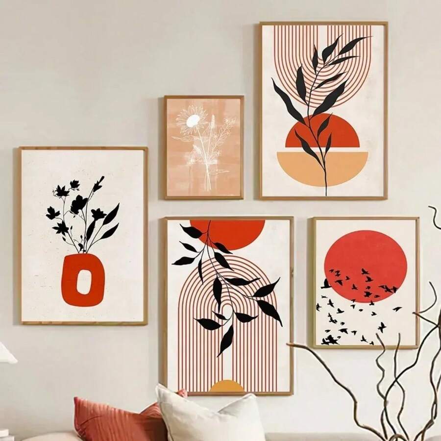 1pc Red Sun Flower Leaves Bird Geometry Wall Art Canvas Painting Abstract Living Room Decoration Posters And Prints Wall Pictures Optional Frame ﻿