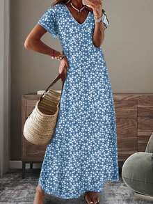 Lightweight Elegant Casual & Vacation Style Women Summer Long Ditsy Floral V-Neck Dress, Versatile For Traveling, Work, Home - Blue - View 4