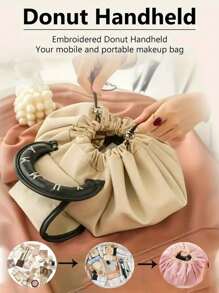 1 pièce Sac à maquillage grande capacité à cordon, sac cosmétique en PU imperméable portable, fourre-tout de voyage estival, sac de rangement multifonctionnel pour maquillage, idéal pour la fête des mères, les demoiselles d'honneur, les cadeaux pour les enseignants, les accessoires de mariage, les cadeaux de vacances