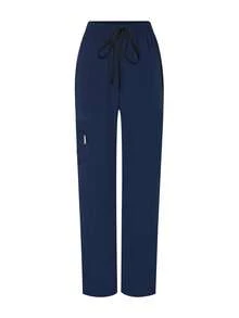 Women V-Neck Color Block Stripe Multi-Pocket Drawstring Scrubs Nurse Scrub Uniform Set, Workwear For Dentist, Healthcare, Pet Hospital, Laboratory - Navy Blue - View 6