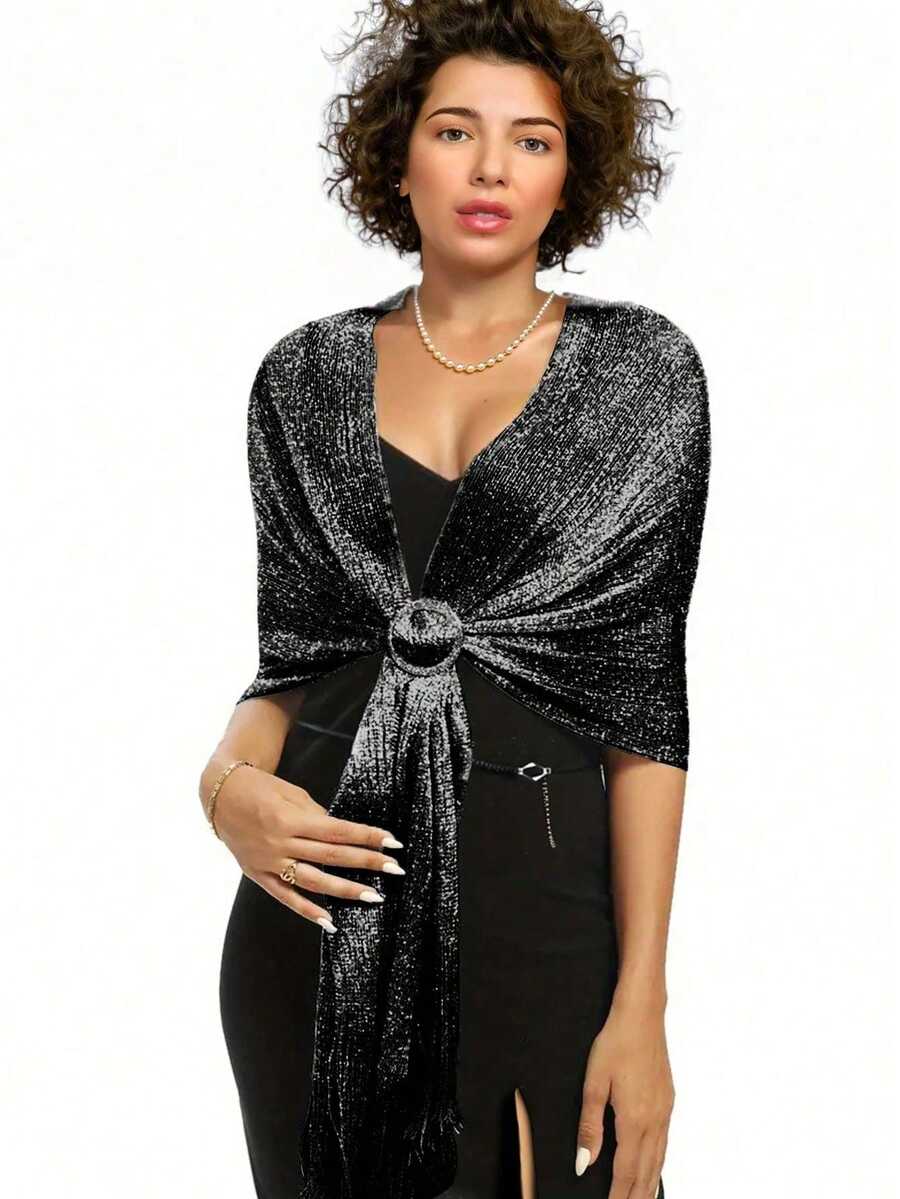 Black Sparkling Metallic Shawl With Round Buckle Elegant Thin Breathable Tassel Scarf Women's Party Banquet Dress Outside Shawl - Black+Buckle - View 1