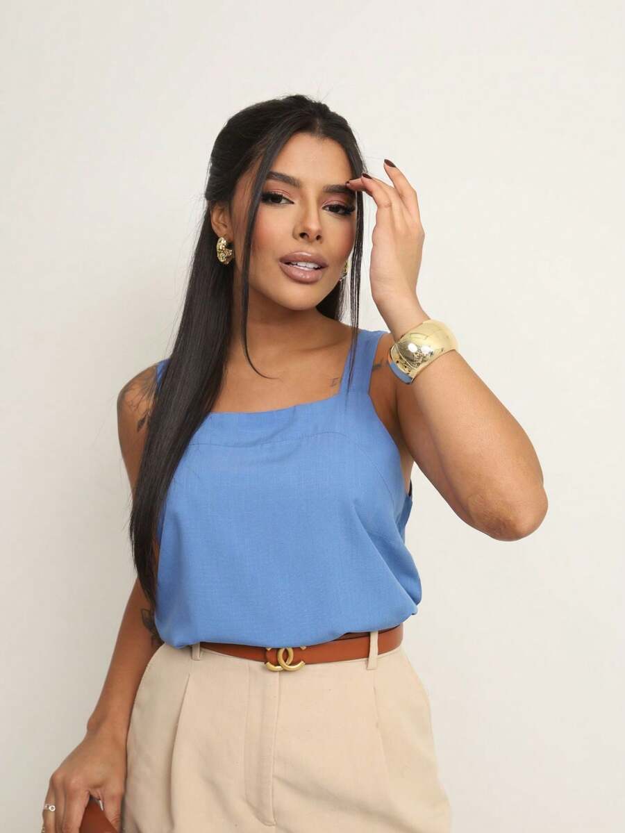 Elegant Viscose Wide Strap Tank Top - Blue - View 1