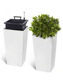 Huisuilinss Tall Planter Set Of 2,Large Flower Pot,Tapered Planter,Outdoor Indoor Plant Pots With Water Level Monitor & Wheels,2 Trays For Patio Porch Living Room Home Office - 白色 - 查看 1