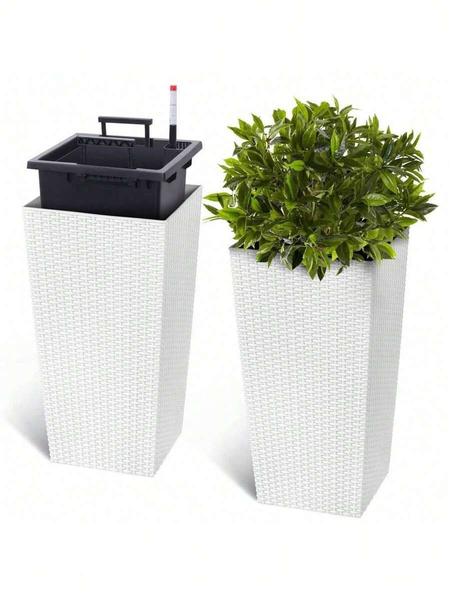 Huisuilinss Tall Planter Set Of 2,Large Flower Pot,Tapered Planter,Outdoor Indoor Plant Pots With Water Level Monitor & Wheels,2 Trays For Patio Porch Living Room Home Office - 白色 - 查看 1
