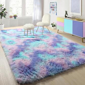 1PC Fluffy Area Rugs For Living Room,Tie-Dyed Blue And Purple Tie-Dyed Cute Rugs For Bedroom,Lightweight Shag Throw Floor Carpet,Soft Shaggy Bedside Plush Dorm Rug Home Decor Aesthetic