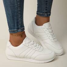 Women's Lightweight Fashion Sneakers - Comfortable, Non-Slip, Lace-Up Casual Sneakers With Cushioned Insole, White & Blue Striped Design, Low-Top EVA Sole For All-Day Wear, Casual Sneakers | Lowtop Sneakers | Laceup Closure - White - View 4