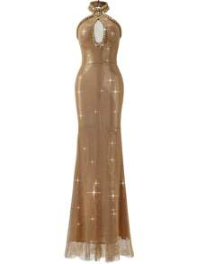 New Halter Neck Hollow Out Fitted Elegant Evening Dress For Women, Spring/Summer