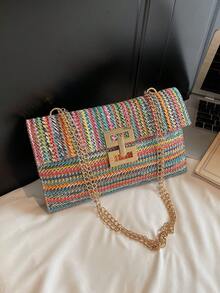 1 pieza Bolso de mano con correa de cadena tejida de paja con forma cuadrada y colores arcoíris, accesorio de moda versátil para mujeres - Multicolor - Ver 7