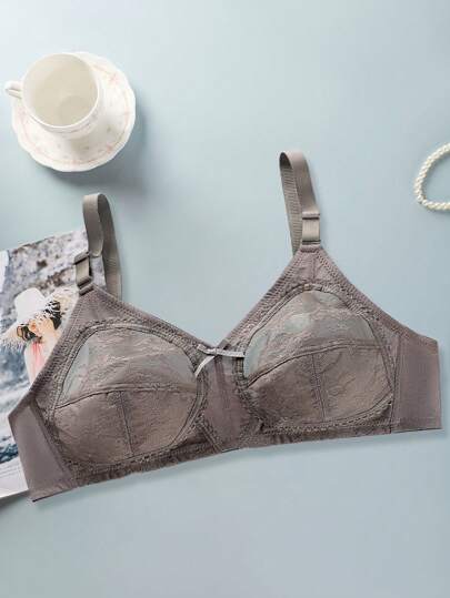 1pc Women's Solid Color Full Cup Lace Wireless Bra, Sexy Push Up Breathable Sheer Lingerie