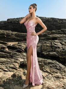 Luxury Strapless Split Mermaid Hem Prom Dress, Elegant Sequin Evening Dress, Formal Prom Gown, Wedding Guest Dress Women, For Wedding Guest, Graduation, Dinner, Beach Vacation Spring Summer Outfits