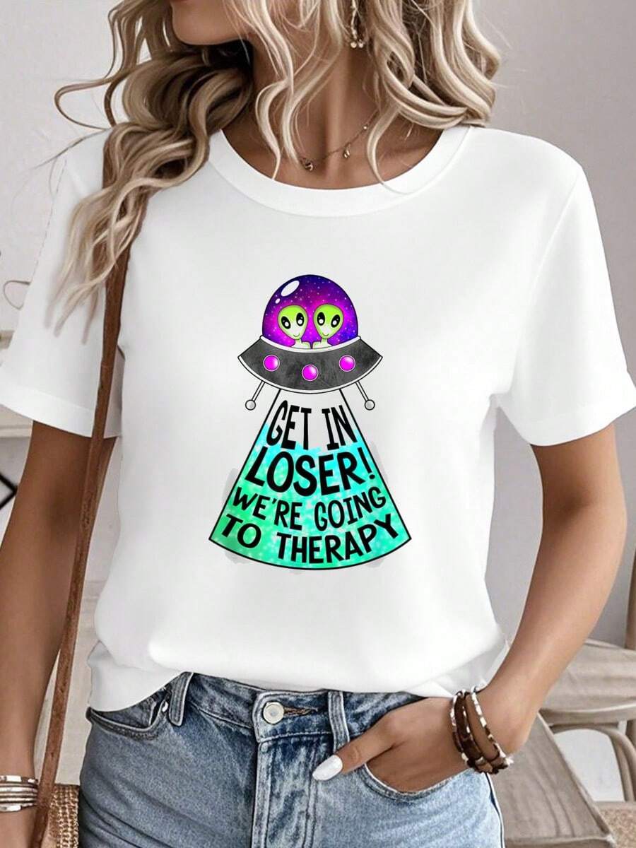 Mind And Body Apparel Get In Loser We're Going To Therapy Mental UFO Alien-Shirt, Black Summer-Shirt Women - White - View 1