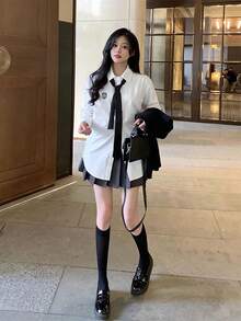 Camisa blanca suelta y versátil con estilo universitario distinguido y corbata, nueva blusa de manga larga para primavera/verano para mujer - Blanco - Ver 10