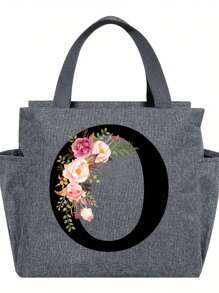 1pc Elegant Floral & Letter Tote Bag - Insulated Lunch Bag, Made Of Durable Polyester, Grey With Pink Flowers & Green Leaves, Suitable For Office, School And Outdoor Picnic