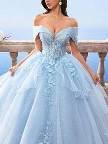 HEARBOBO 浅蓝色蕾丝贴花奢华舞会礼服，优雅新娘婚纱，毕业典礼、度假、圣诞派对皆宜 - 淺藍色 - 查看 3