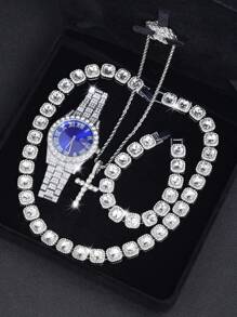 CVNANA 4pcs/Set Men's Watch And Hip Hop Cuban Chain Necklace Bracelet Set (Without Gift Box)