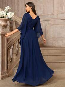 MIUSOL Váy Maxi dự tiệc trang trọng cổ chữ V tay cánh bướm ren hoa, thắt lưng sequin, váy dự tiệc thanh lịch dành cho nữ, váy dạ hội trang trọng, dành cho khách dự tiệc cưới, tốt nghiệp, tiệc tối - Màu xanh hải quân - Xem 2