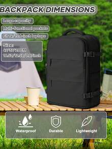 男女通用大号旅行背包，商务笔记本电脑背包，登机箱尺寸42x20x32，符合航空公司登机标准，防水，多功能独立鞋仓，干湿分离层，适合中学生旅行、上学、通勤和使用电脑。 - 黑色 - 查看 9