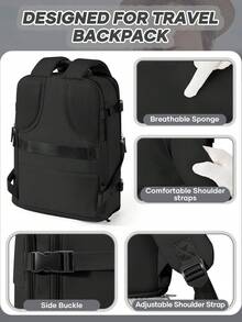 男女通用大号旅行背包，商务笔记本电脑背包，登机箱尺寸42x20x32，符合航空公司登机标准，防水，多功能独立鞋仓，干湿分离层，适合中学生旅行、上学、通勤和使用电脑。 - 黑色 - 查看 8