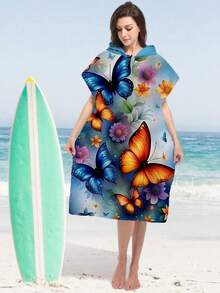 1pc Butterfly & Floral Pattern Hooded Cloak Robe, Lightweight Wearable Beach Towel For Surfing, Swimming, Bathing, Outdoor Sports, Adult Hooded Towel Robe Back To School - Multicolor - View 24