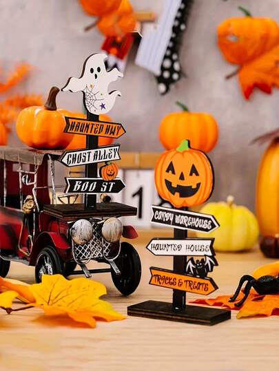 2 件 - 万圣节木制南瓜木制装饰桌面摆件、万圣节书桌摆件、鬼魂木制摆件、桌面装饰、南瓜路标万圣节鬼魂装饰、鬼魂书桌小雕像、壁炉架标志