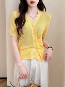 Women's Summer V-Neck Short Sleeve Sweater Cardigan With Asymmetric Design