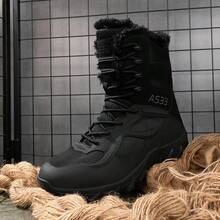 Autumn/Winter New High-Top Thick-Soled Warm Thermal Lined Men's Outdoor Snow Boots, PU Plus Size Women's Boots (Size 38-48), Outdoor Hiking Shoes, Comfortable Casual Shoes, Combat Military Boots, Training Boots, Warm Trekking Travel Boots, Outdoor Sports Climbing Boots, Waterproof Non-Slip Wear-Resistant Black Snow Boots - Black - View 4