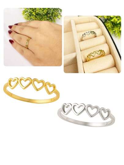 Anel Fino 4 Corações Vazados Delicado Moderno Minimalista Prata Dourado Aço Inox Tipo Falange