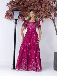 Elegant Long Women's Dress With Short Sleeves And Print - 玫瑰紅 - 查看 2