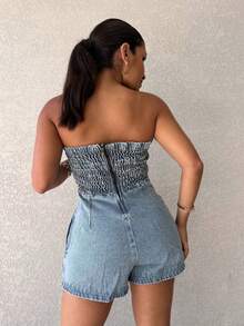 The Lemon 3019 Short Denim Overalls For Women Plain Short Sleeve 3019 - Rửa trung bình - Xem 6