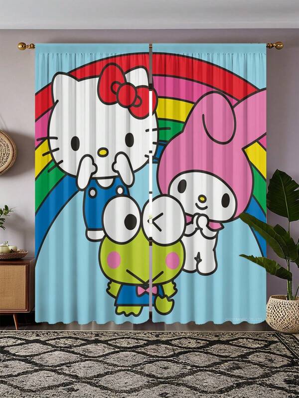 Sanrio 2 Pcs Sanrio Theme Hello Kitty, Kuromi Printed Translucent Curtain - Made Of Polyester, With Rod Pocket Design, Easy To Hang, Cartoon Print Curtain Suitable For Bedroom, Office, Living Room, Home Decoration