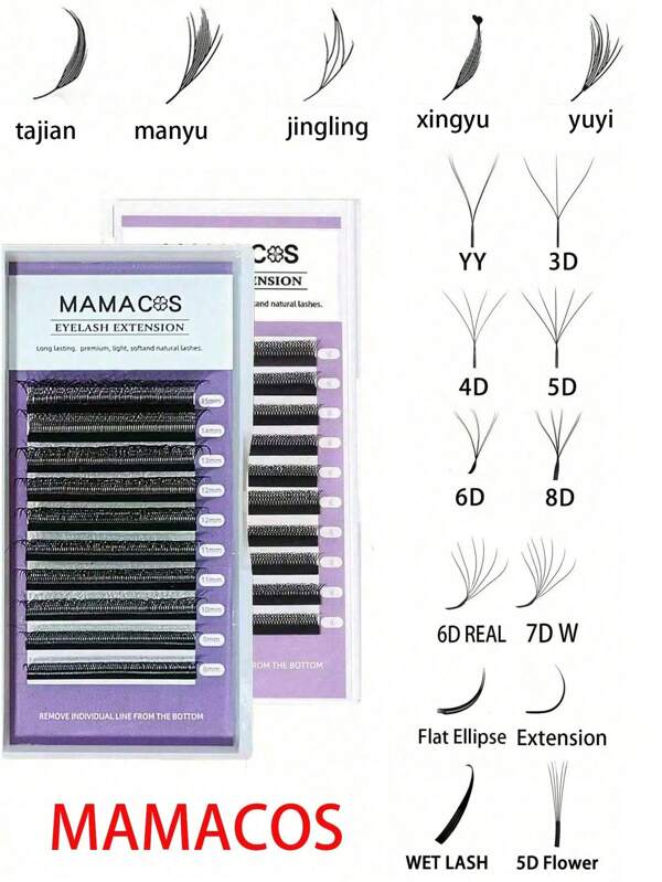 MAMACOS 10 rangées de cils individuels D/C Curl YY/3D/4D/5D/6D/7D/8D/Ellipse plate/6D W Real/Extension/5D Fleur/Forme de cils mouillés. Cils naturels doux et légers pour extensions de cils DIY. Cils en grappe naturels longs pour professionnels MAMACOS