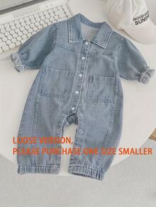 Bộ quần áo trẻ em mùa xuân & thu mới, áo liền quần denim dáng rộng unisex, áo liền quần denim tay dài cài khuy thêu hình gấu cỡ lớn (Vui lòng đặt size nhỏ hơn một size) - Màu xanh lam - Xem 3