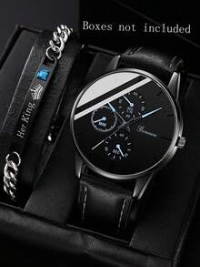 2Pcs Men's Black PU Leather Strap Fashionable Casual Classic Retro Three Eye Dial Quartz Watch Bracelet Jewelry Set For Daily Wear Or Holiday Gifts