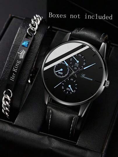2Pcs Men's Black PU Leather Strap Fashionable Casual Classic Retro Three Eye Dial Quartz Watch Bracelet Jewelry Set For Daily Wear Or Holiday Gifts