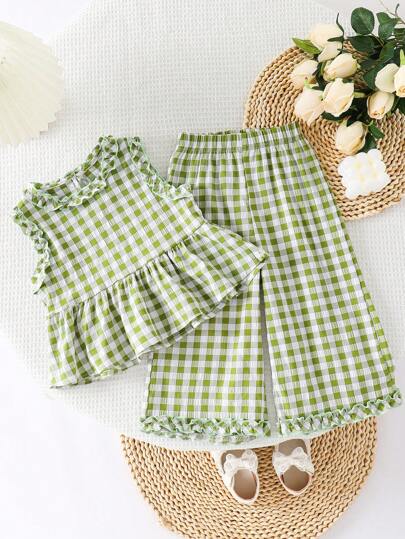 مجموعة 2 قطعة من الثوب المربع واسع الساق مع الخصر المطاطي للفتيات الصغيرات ، مناسب لأسلوب الريف في إجازة الصيف