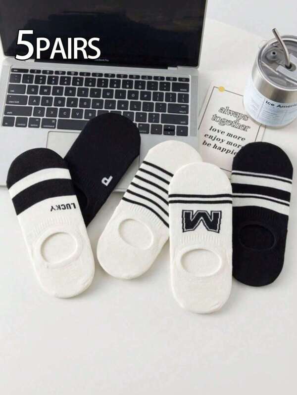 5 pares de calcetines de mujer tipo liner/invisibles, con rayas blancas y negras y estampado de letras, de moda, casuales, suaves y transpirables, adecuados para cualquier calzado