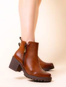 Botines de tacón alto mujer, botines con cierre, botines sintético ,elegantes, calzado urbano mujer, botines para otoño invierno, botas estilo minimalista, botines fashion mujer, botas caña media. - Camel - Ver 1