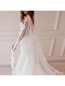 1 pieza Chal de novia con borde de encaje de cola de perla, capa nupcial de encaje de perlas falsas - Beis - Ver 1