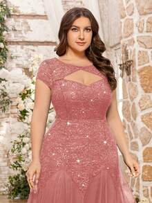 Elegant Sequin Floral Lace Contrast Color Mesh Ruffle Hem Maxi Dress, Suitable For Evening Gala, Homecoming, Wedding Guest, Birthday, Graduation Ceremony And Other Occasions - Dusty Pink - View 8