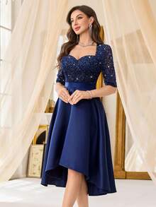 MIUSOL Sequin Floral Lace Contrast Satin Sweetheart Neck Half Sleeve Prom Party Swing Dress - Navy Blue - View 7
