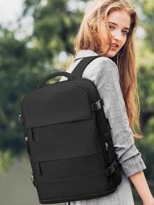 男女通用大号旅行背包，商务笔记本电脑背包，登机箱尺寸42x20x32，符合航空公司登机标准，防水，多功能独立鞋仓，干湿分离层，适合中学生旅行、上学、通勤和使用电脑。 - 黑色 - 查看 10