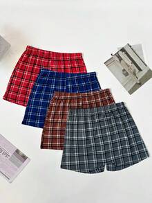 4pcs Men's Plaid Print Drawstring Elastic Waist Loose Shorts, Breathable Soft Casual Sleepwear Pants, Multi-Color Set - Multicolor - View 2