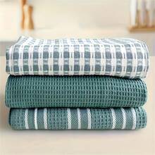 3pcs Soft Absorbent Kitchen Towels - Large Waffle Weave Dish Cloths, Solid Green, Plaid And Striped Patterns, Easy To Clean And Dry - Great For Cooking, Baking And Tea Time - Multicolor - View 15