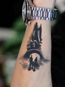 1片逼真临时纹身贴纸，半永久性，西式图案，防水防汗，可持续1-2周，逼真的草药汁液效果，不反光，黑色，男女通用，适用于手臂、胸部、腿部、腹部、腰部、手指、颈部、脊柱等部位，现代人体彩绘 - 黑色 - 查看 3