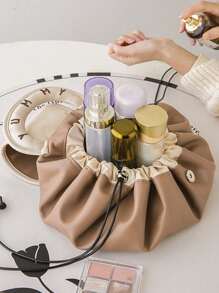 1 pièce Sac à maquillage grande capacité à cordon, sac cosmétique en PU imperméable portable, fourre-tout de voyage estival, sac de rangement multifonctionnel pour maquillage, idéal pour la fête des mères, les demoiselles d'honneur, les cadeaux pour les enseignants, les accessoires de mariage, les cadeaux de vacances