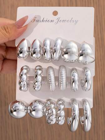 2-6-18pcs/Set Fashionable Silver Geometric Twist C-Shape Teardrop Hoop Earrings Set, Versatile Stoned-Free Earrings For Daily Wear And Gift