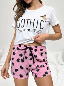 Set de pijama 2 piezas blusa crop y short fresca para mujer con diseños divertidos, conjunto para dormir cómodo de verano, estampados variados, ideal para descansar con estilo en casa - Rosa - Ver 3